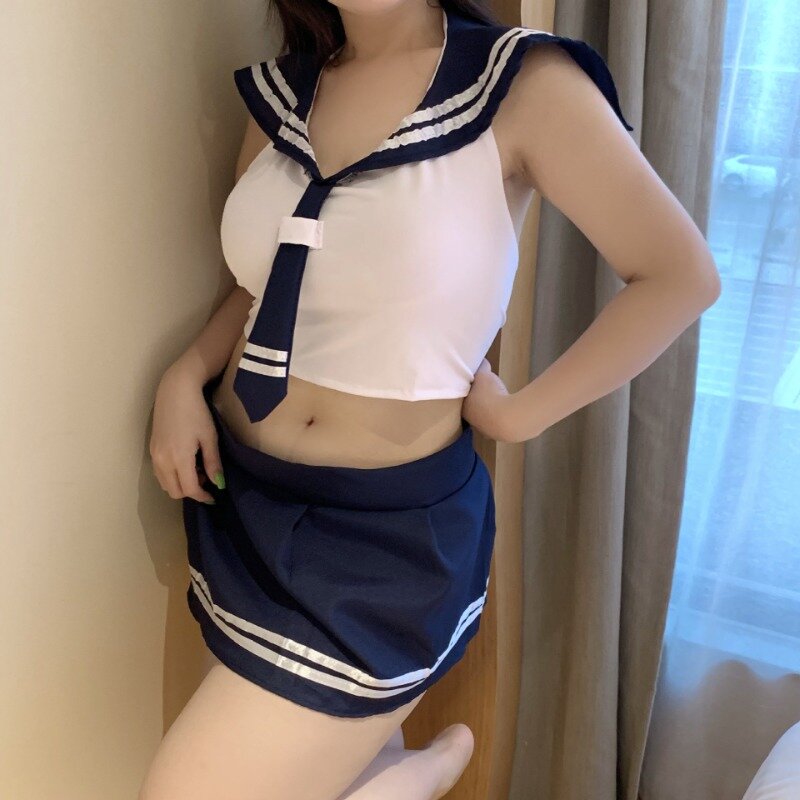 Plus Size Sexy Uniform Lingerie 2pec Bow Lace-up Backless Mini Top Open Dress JK Apparel Cosplay Erotic Schoolgirl Costume