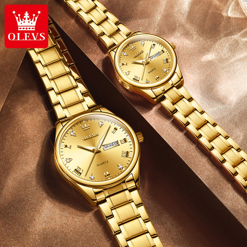 OLEVS-relojes de cuarzo para parejas, cronógrafo de pulsera de oro y acero inoxidable con diamantes de lujo, luminoso, con fecha y semana, a la moda, novedad