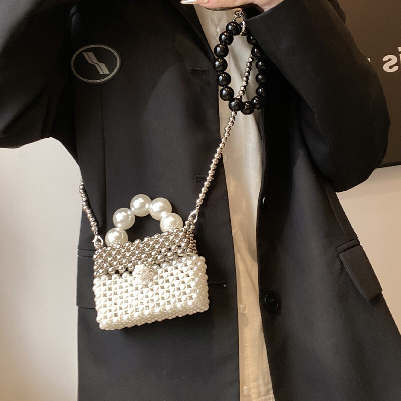 Tas tangan wanita, tas tangan mutiara buatan tangan tenun Femme 2024 dompet pernikahan mewah kualitas tinggi PVC kotak lipstik