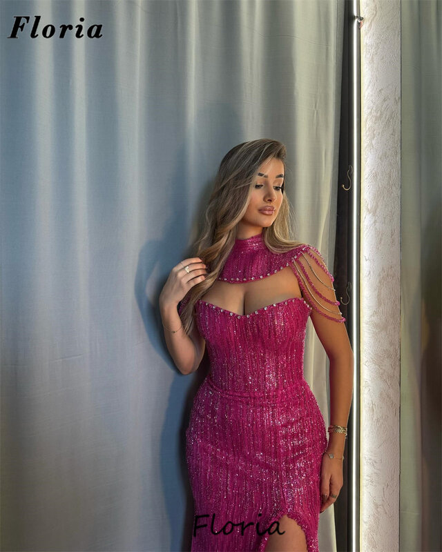 Fuchsia Zeemeermin Avondjurken Luxe 2024 Parels Pailletten Trouwjurk Vestidos De Fiesta Arabic Split Side Prom Dress