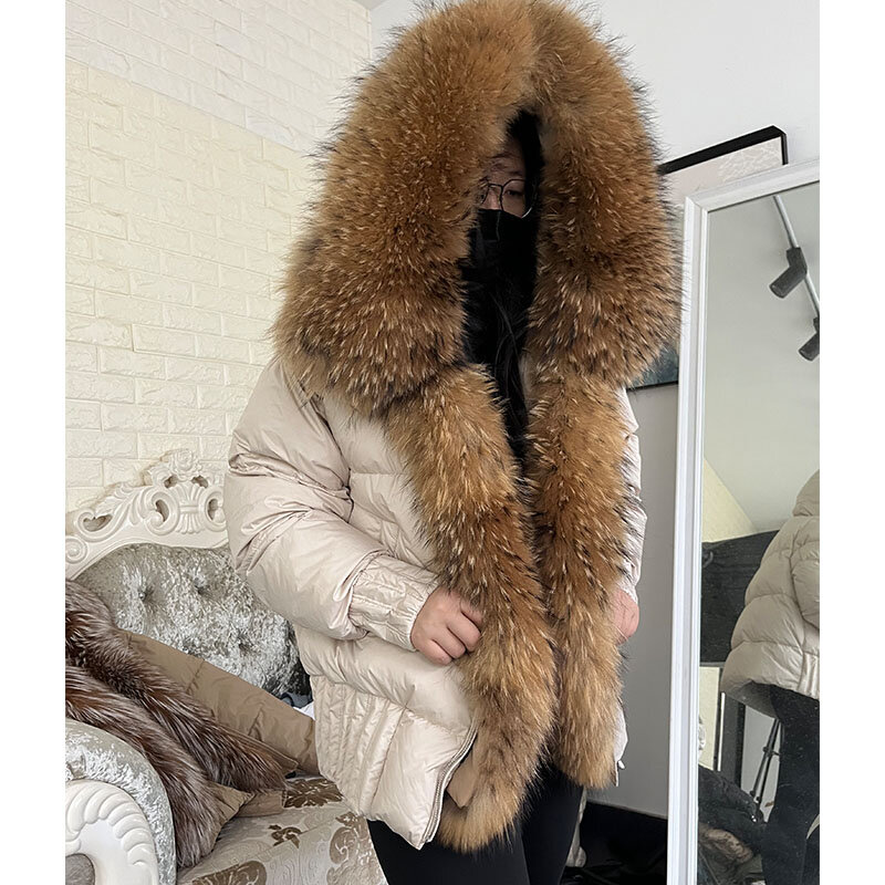 MAOMAOKONG-Chaqueta de plumón de pato para mujer, abrigo grueso de lujo con capucha y cuello de piel de zorro Real Natural, color blanco cálido, para invierno, 2023