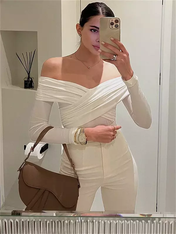 Tossy White See-Through Patchwork Jumpsuit For Women Pleated Slim Sexy High Waist Long Sleeve Off-Shoulder Rompers Streetwear