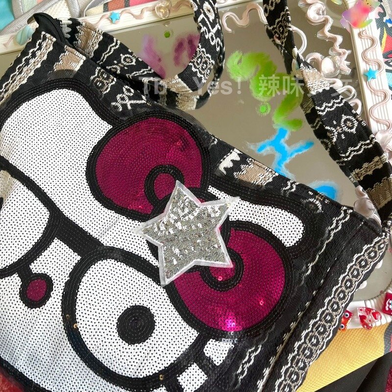 MBTI Hello Kitty Womens Shoulder Bag Y2k Vintage Canvas Large Capacity Casual Fashion Messenger Bag Cartoon New Female Handbag