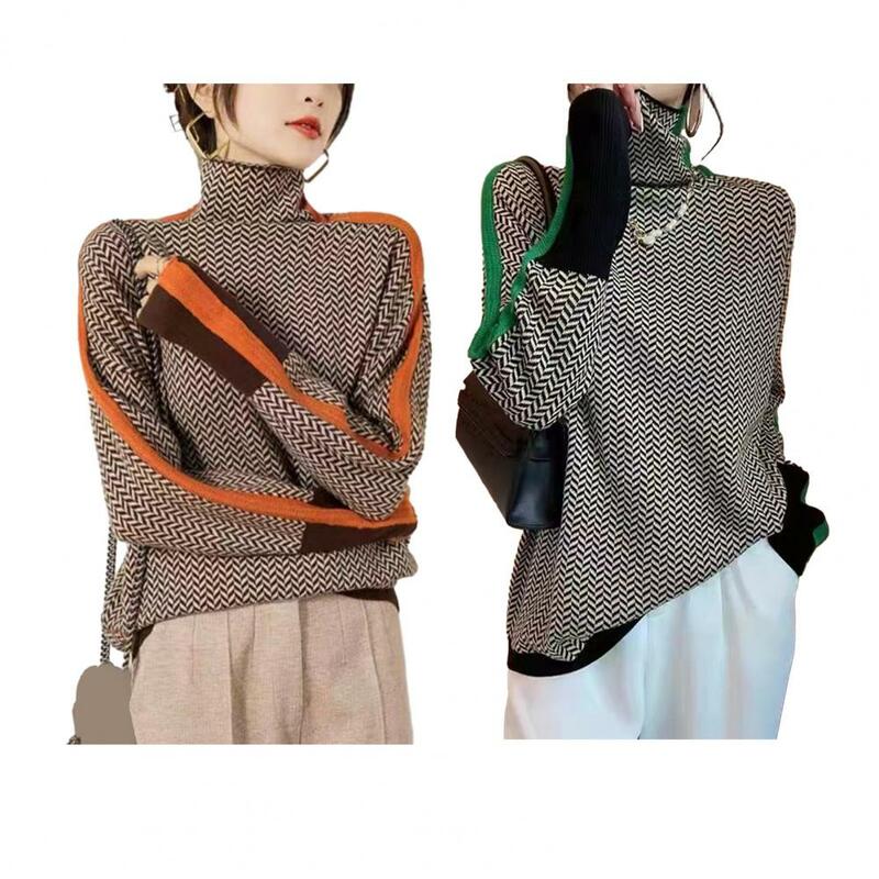 Pullover Loose Fit Pullover stilvolle Kontrast farbe Pullover hoher Kragen Spleißen Design dicken Strick pullover für Herbst/Winter