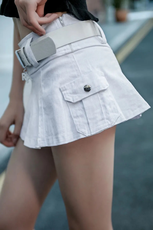 JMPR Ins Rok Celana Mini Pinggang Rendah Harajuku dengan Sabuk Wanita Rok Denim Ikat Pinggang Hitam Seksi Pakaian Klub Grunge Punk Wanita Mujer