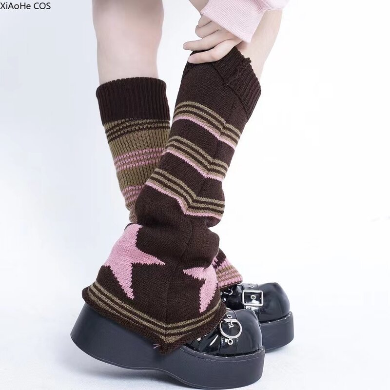 Calcetines de pierna japonesa JK, accesorios góticos para niña, calentadores de piernas de estrella rosa y marrón, medias góticas Y2K de punto, medias de cubierta