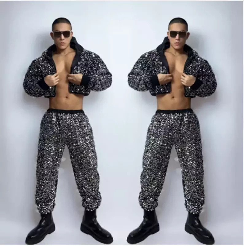 Uomini adulti Hip Hop Dancewear argento paillettes giacca pantaloni cantante Performance Costume Nightclub Bar Dj Gogo Dancer Outfit