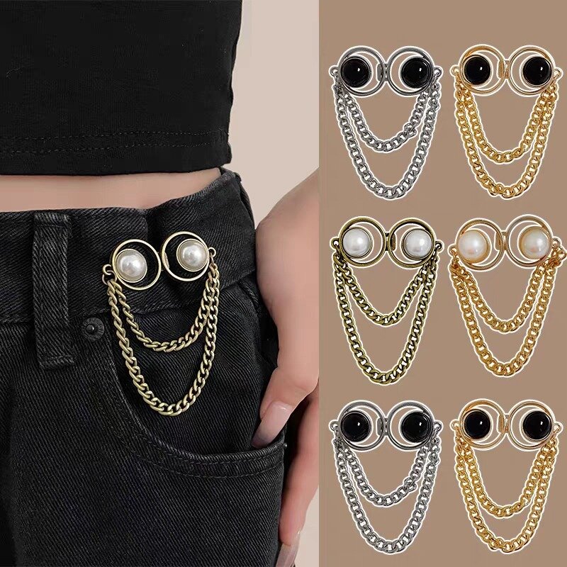 New Pearl Chain Waist Tighten Buckle Nail-free Metal Jeans Skirts Pants Clips Buttons Pins DIY Waist Tightener Clothing Buckles