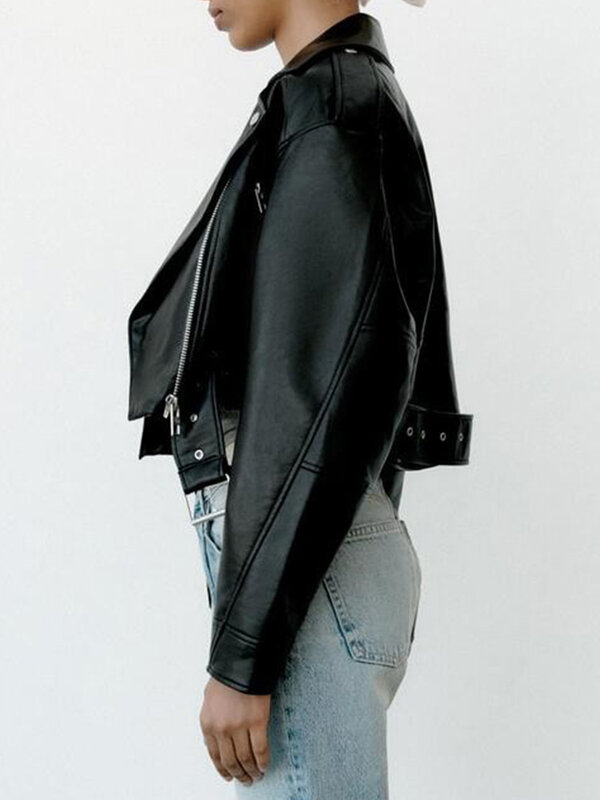 Женская короткая куртка из искусственной кожи с поясом, на молнии