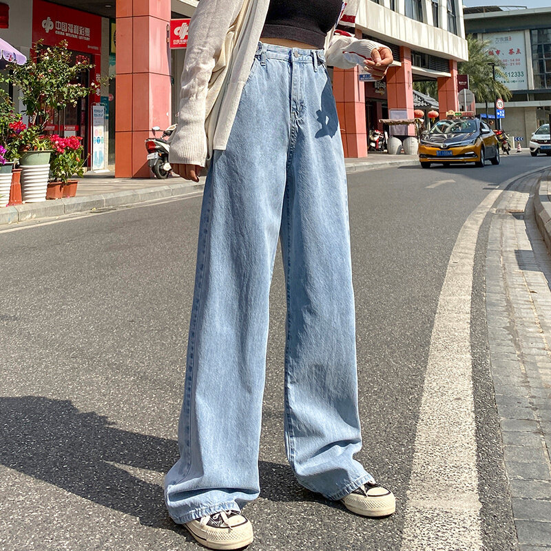 Jeans jeans de cintura alta de perna larga feminina, roupas vintage, calças retas, moda Harajuku, alta qualidade