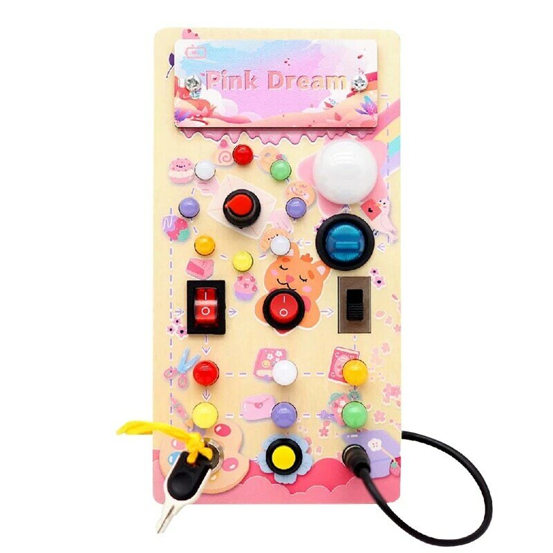 Busy Board, Wooden Busy Board With LED Light Switches, Sensory Toys Light Switch Toys Travel Toys Pink Dream Easy Install