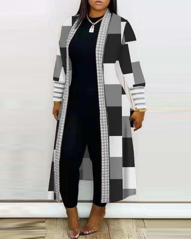 Casaco de manga comprida com estampa geométrica para mulheres, roupas de manga comprida, frente aberta, moda, casual, novo, 2023