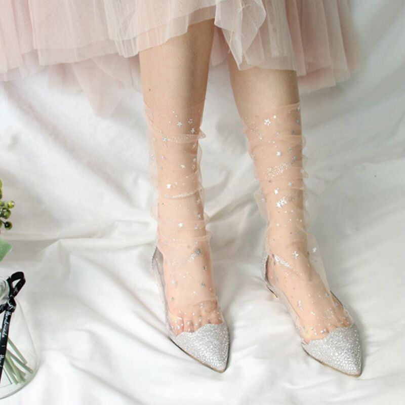 Женские прозрачные сетчатые носки в стиле Харадзюку ярких цветов с блестками и звездами Модные женские носки