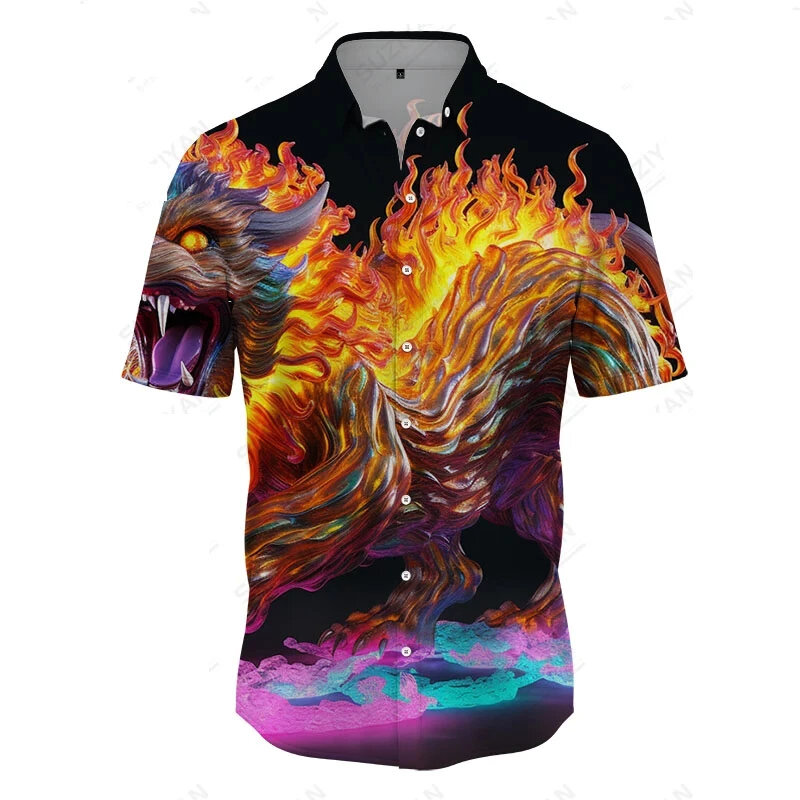 Full Print Colorful Animal Graphic Shirts Men's Short Sleeve Hawaii Beach Shirt Summer Casual Loose Button Down Party Shirt