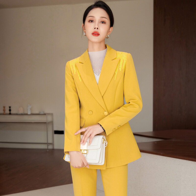 Setelan pakaian kerja wanita, jas kuning mewah payet celana Blazer kantor wanita bisnis pakaian kerja jaket Formal elegan mantel celana gaun Prom