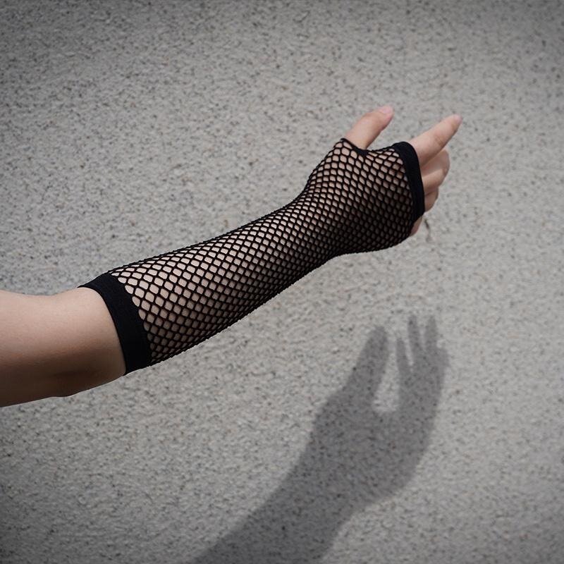 Sarung tangan jaring-jaring hitam panjang wanita sarung tangan tanpa jari wanita menari Gothic Punk Rock kostum sarung tangan mewah