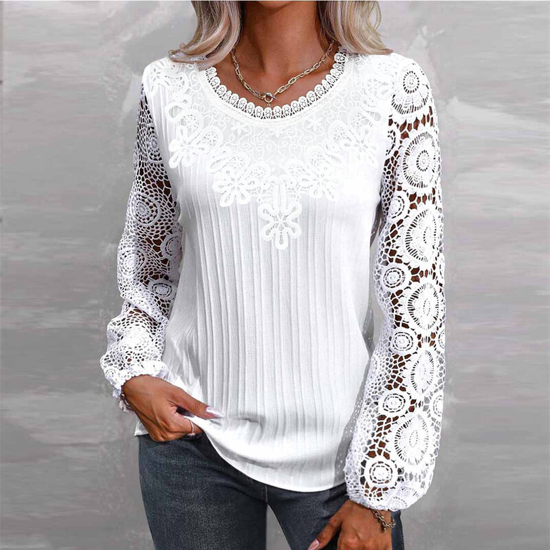 Plus Size Women Long Sleeve Scoop Neck Solid Lace Tops