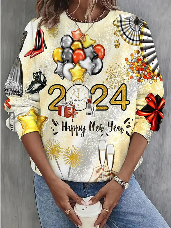 Suéter con estampado de Feliz Año Nuevo para mujer, ropa navideña de gran tamaño, Top de manga larga, Jersey informal con cuello redondo, sudadera Linda para niña 2024