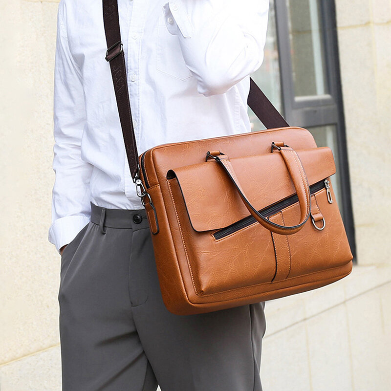 High Capacity Briefcase Bag for Man PU Leather Handbag Computer Laptop Document Shoulder Business Messenger Tote Casual Bag Male