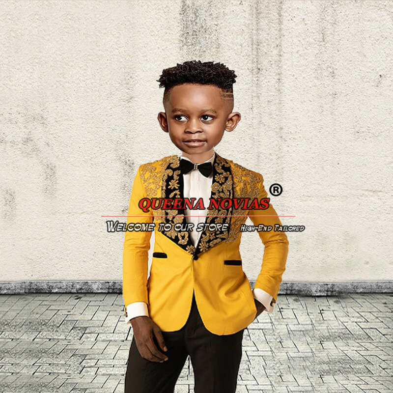 Boys' Attire Wedding Tuxedos Children Formal Party Birthday Clothing Black Peaked Lapel Gold Jacket Pants 2 Pieces Kids Suits