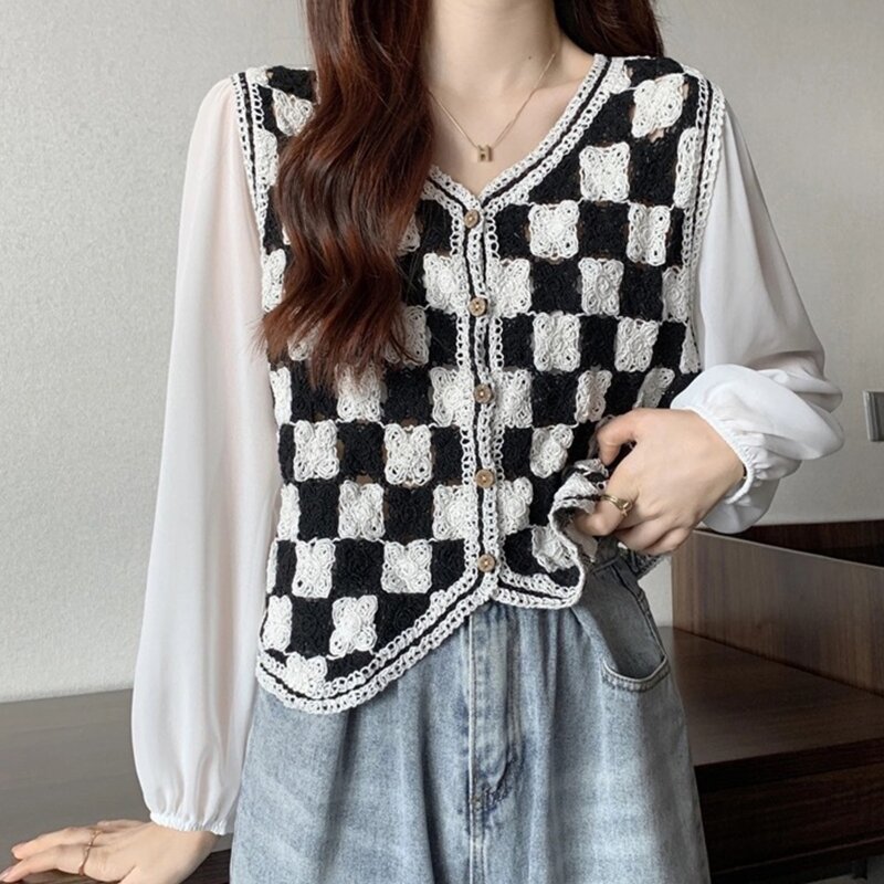 Cardigan retalhos feminino manga longa camiseta superior xadrez para o verão dropship