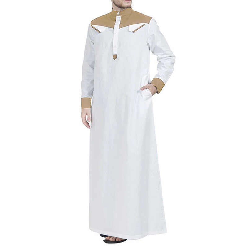 Baju Kaftan Muslim untuk pria, pakaian atasan tunik Arab Saudi Jubba, jubah panjang leher berdiri, lengan penuh, longgar, modis untuk pria