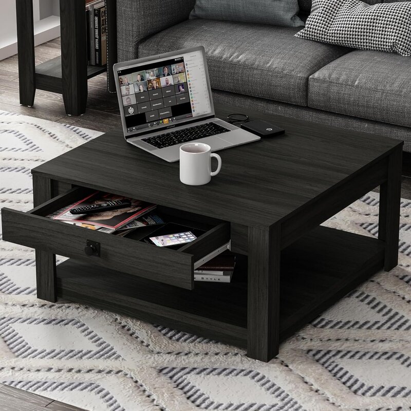 Modern Top Rectangular Coffee Table with Storage Drawer 2 Tier Center Table for Living Room Office, 31.5" D x 31.5" W x 16.34" H