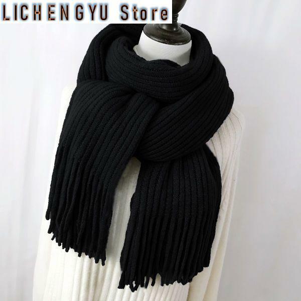 Женский Зимний вязаный шарф, однотонный теплый шерстяной шарф с кисточками, 200 х40 см