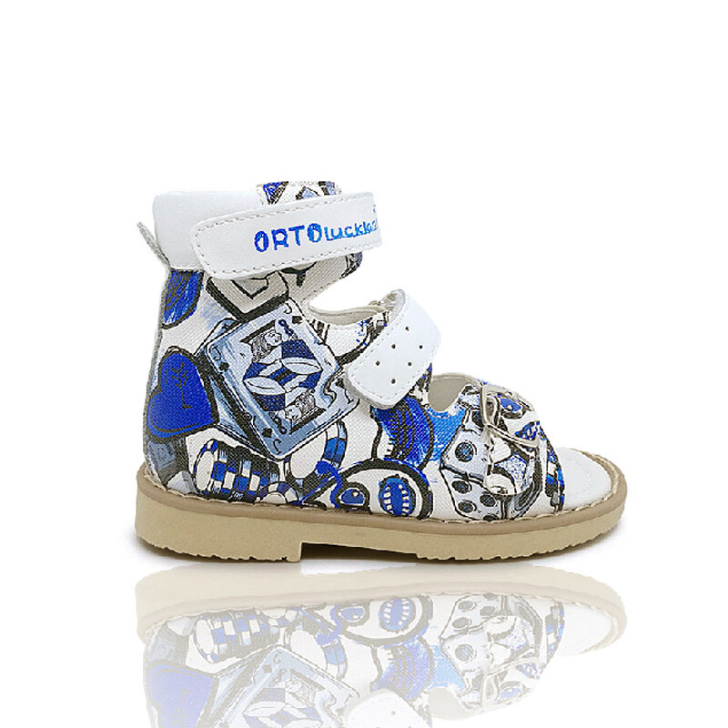 Ortoluckland รองเท้าแตะสำหรับเด็ก, รองเท้ามีสายรัดหัวเข็มขัดออร์โธปิดิกส์รองเท้าส้นเตี้ยพิมพ์ลายสำหรับเด็กชาย To32 Size22