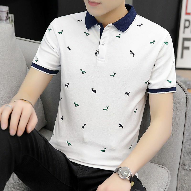 Camisas polo estampadas com botão de lapela masculina, pulôver casual de grandes dimensões, camiseta coreana solta, roupas de verão, nova moda, 2024