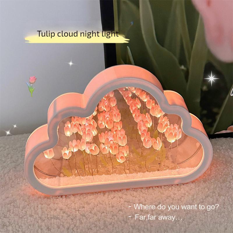 Lampu malam kecil cermin Tulip Cloud buatan tangan DIY Dekorasi Desktop ruang tamu Hati INS hadiah liburan hadiah ulang tahun