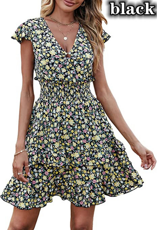 2023 여름 여성 보호 V넥 플로럴 프린트 플리츠 슬리브 레이어드 미니 드레스, 귀여운 모임 튜닉 짧은 여성 드레스
