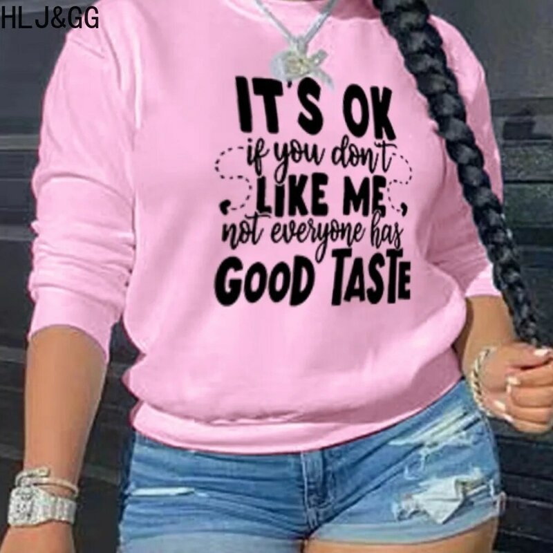 HLJ&GG Pink Casual Letter Printing Pullover Women Round Neck Long Sleeve Loose Tops Autumn Female Sporty Matching Clothing 2023