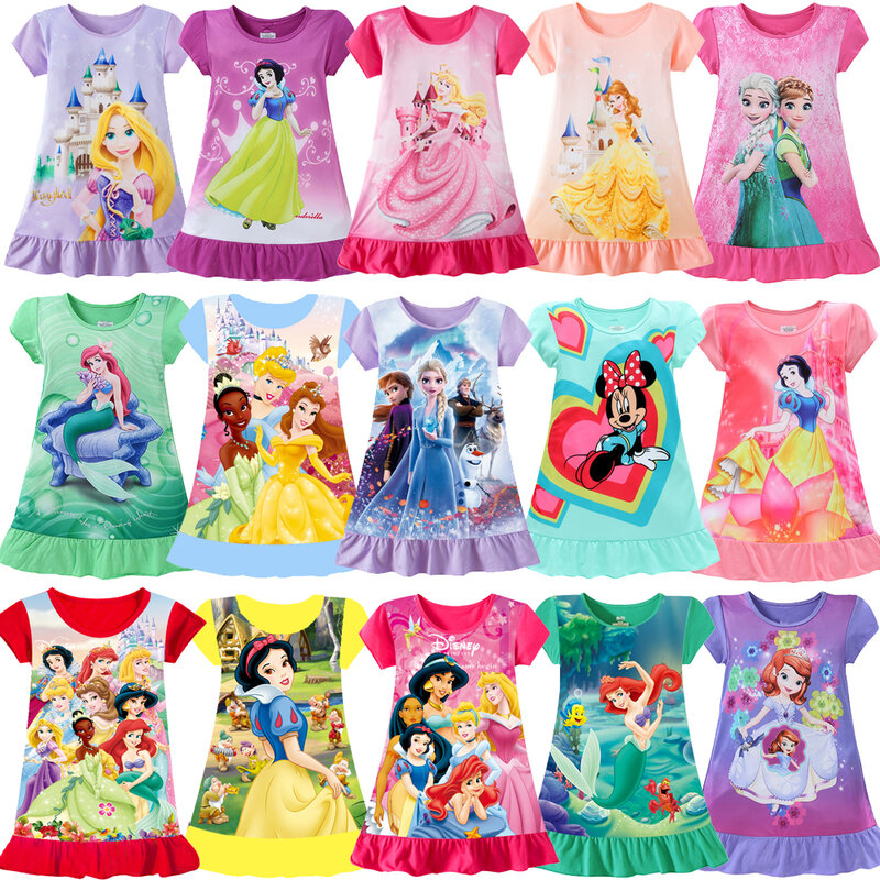 Pijama dos desenhos animados infantis Vestido, Sereia, Anna, Elsa, Camisola das meninas, Roupa infantil, Manga curta, Family Wear