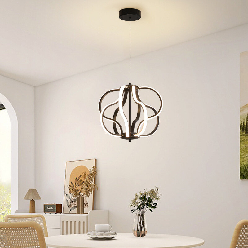 Skandynawska minimalistyczna salon, gabinet, jadalnia, sypialnia, lampa aluminiowa linia ledowa, żyrandol z dyni, żyrandol z latarnią