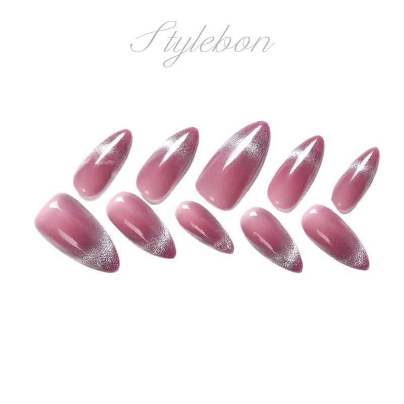 Handmade Nail Press on Pink Cat Eye French Acrylic Nails Alomond Full Cover Reusable Adhesive Artificial Nails Stick-on