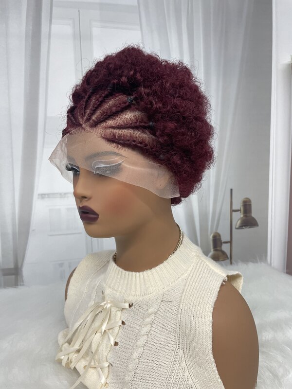 13x4 HD Transparent Lace Afro Kinky Curly Human Hair Wigs with Braids 6 inch 250% Density Burgundy Short Bouncy Curly Bob Wig