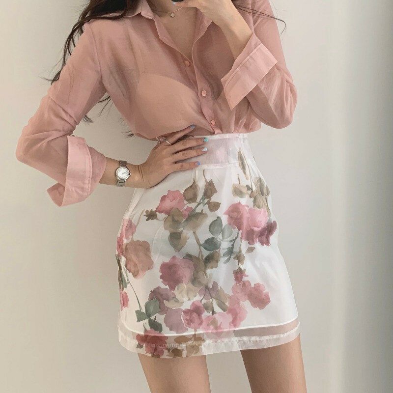 Elegante conjunto de 2 piezas de Corea para mujer, camisa de manga larga transparente Sexy + falda de cintura alta con estampado Floral, trajes OL de 2 piezas