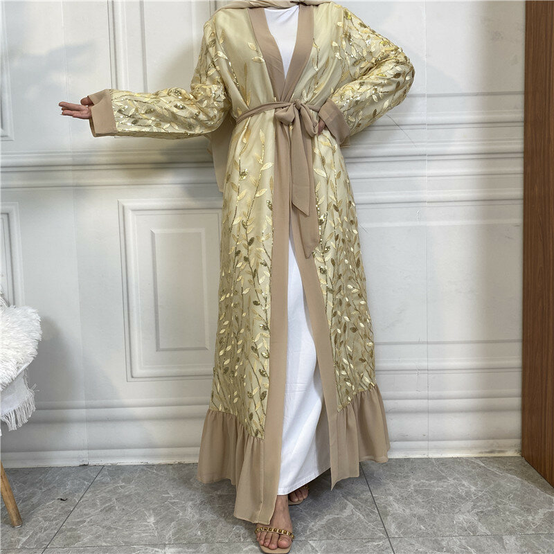 Wepbel Türkei Kaftan Muslimischen Open Abaya Spitze Strickjacke Bestickt Blätter Muslimischen Kleid Pailletten Robe Islamische Kleidung Kaftan Robe
