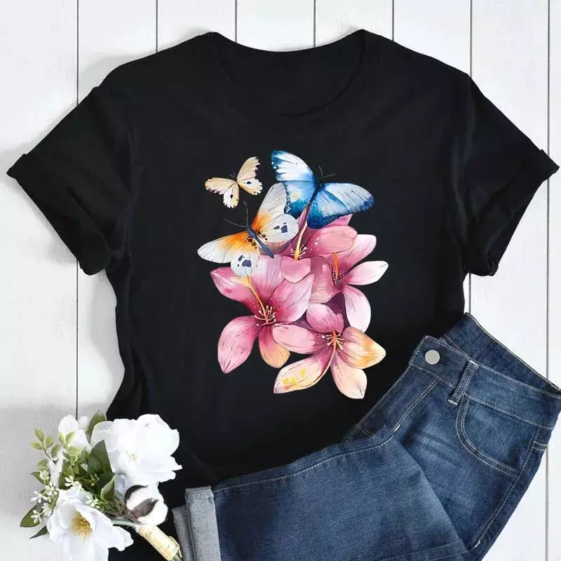 Camiseta vintage lua feminina com estampa floral, manga curta casual, top feminino, camiseta gráfica de desenho animado, moda