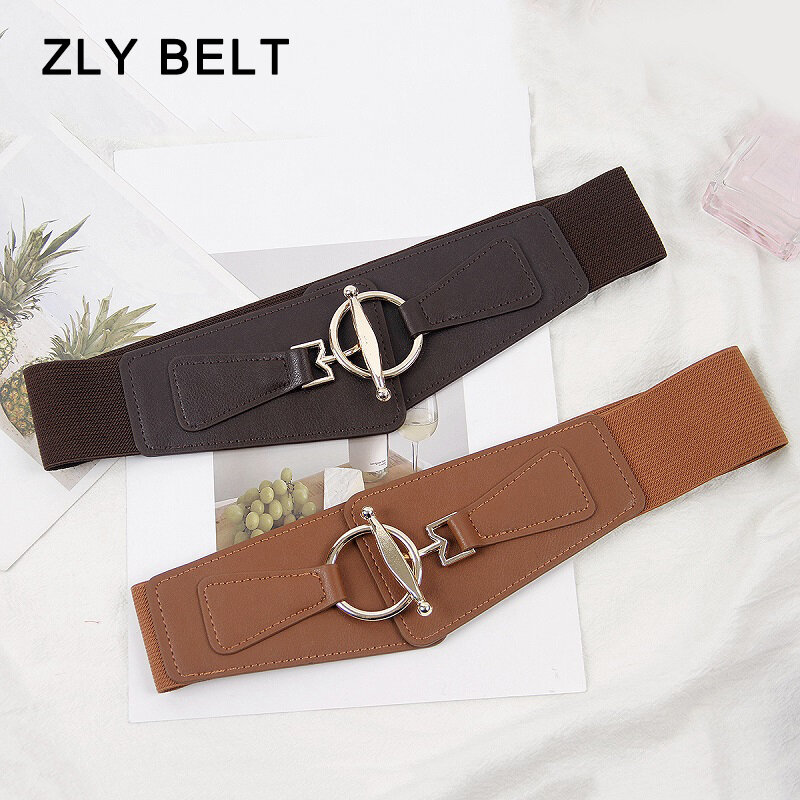 ZLY 2024 New Fashion Waistband Women 70CM 85CM Adjustable Elastic Dress Coat Style PU Leather Material Golden Metal Buckle Waist