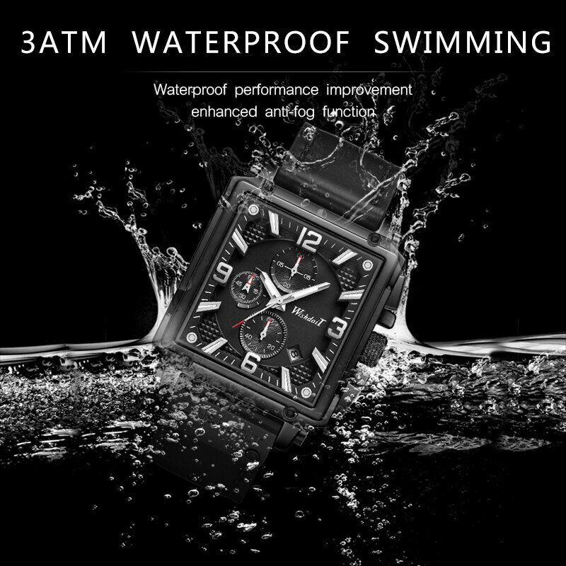 WISHDOIT ساعة أصلية للرجال مقاومة للماء من الفولاذ المقاوم للصدأ حزام جلدي كوارتز أزياء رياضية كرونوغراف ساعات يد مربعة