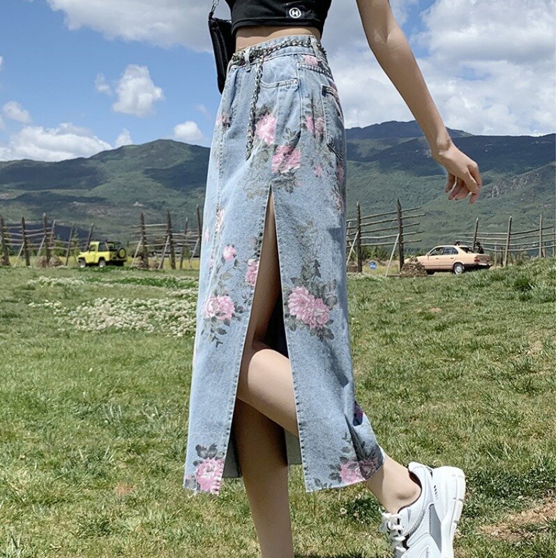 Юбка женская джинсовая средней длины, универсальная свободная трапециевидная юбка с завышенной талией и принтом, с разрезом, с запахом, лето