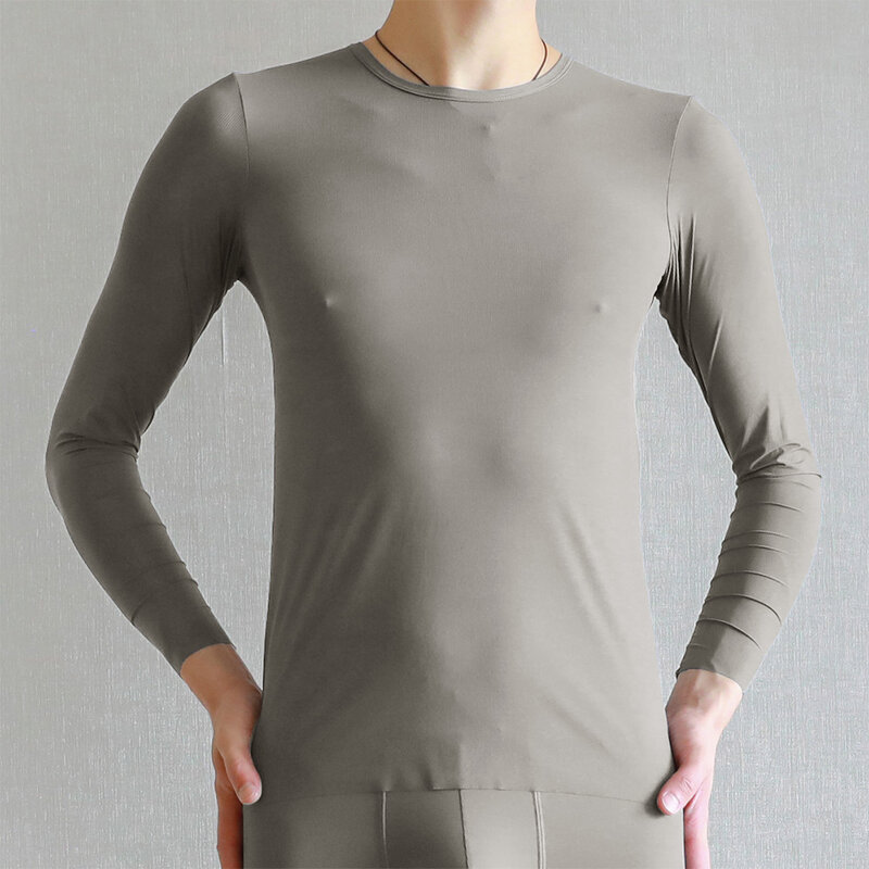 Camiseta interior cómoda de seda de hielo para hombre, ropa interior de manga larga para Fitness, músculo de malla transparente, Color sólido