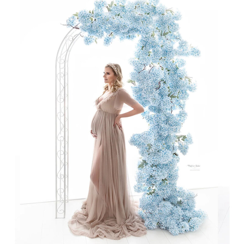 Rekwizyty do fotografii ciążowej seksowna jasny szary tiulowa sukienka długie szaty Baby Shower sukienki na przyjęcie sukienka sesja zdjęciowa w ciąży