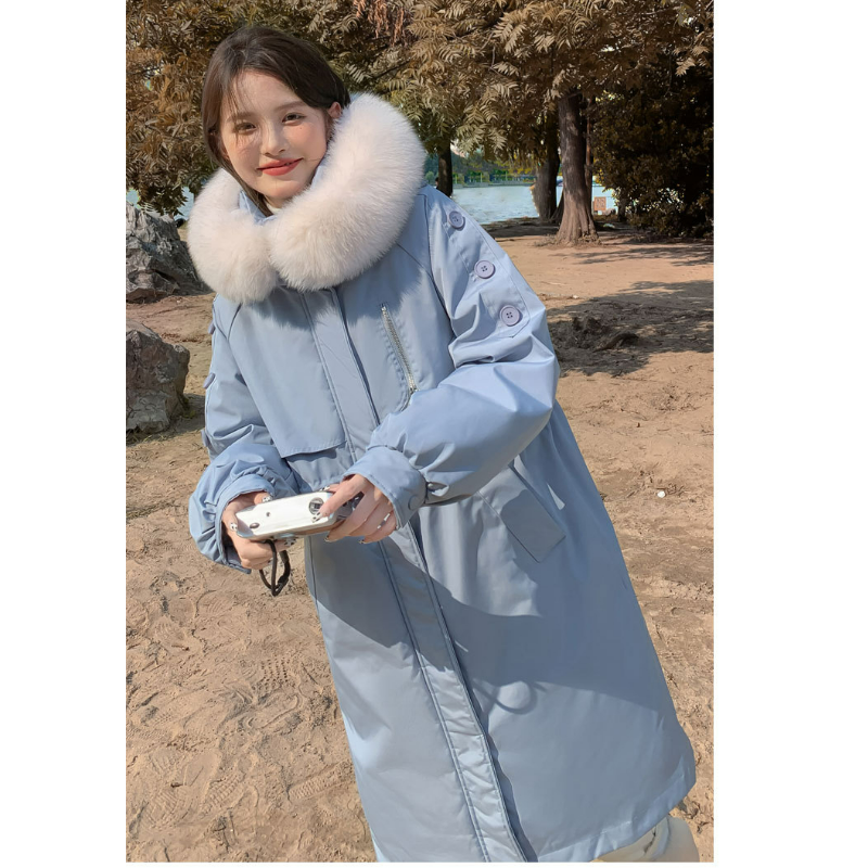여성용 여우 모피 칼라 후드 다운 코트, 중간 길이 화이트 덕 두꺼운 파카, 지퍼 카고 루즈 의류, 겨울 재킷