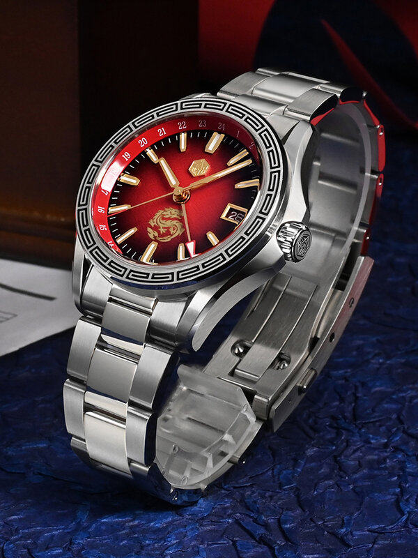San Martin-reloj luminoso para hombre, accesorio de pulsera resistente al agua, automático, 2024 m, estilo chino limitado, 39mm, NH34 GMT, SN0129, año del dragón, 100