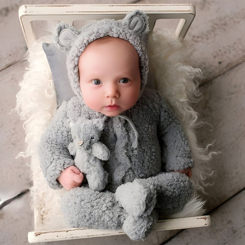 Urso bonito Bonnet e Pijama Set, chapéu de orelha do urso de pelúcia marrom e Foottie Romper, infantil Photo Prop, Photoshoot Outfit, recém-nascido