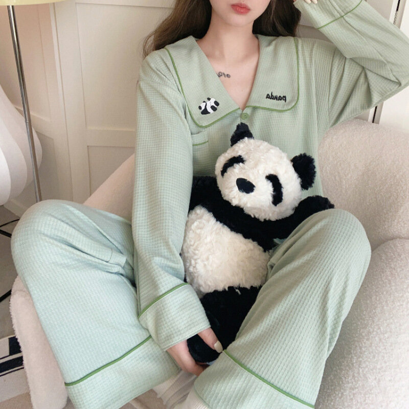2 peça feminina conjunto de pijama feminino carttoon pijamas 100% algodão manga comprida lapela camisa calças terno pijamas homewear
