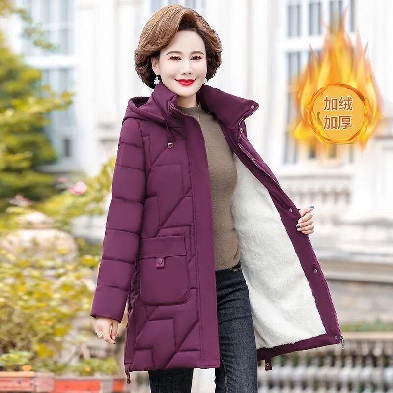 Manteau d'hiver rembourré en coton pour femme d'âge moyen, veste chaude à capuche pour mère, au-dessus du genou
